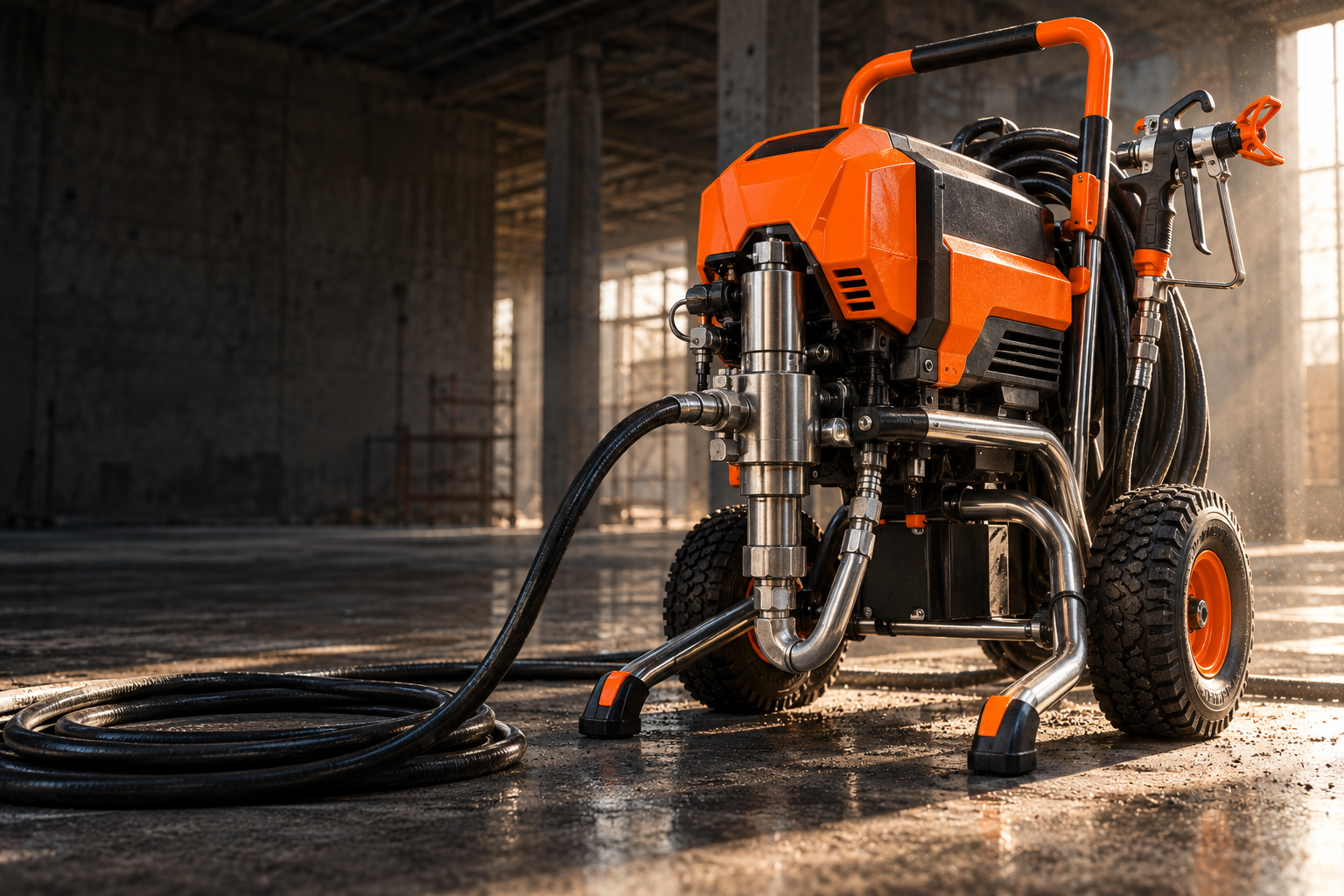 Concepto visual de maquinaria naranja y grafito en un taller industrial